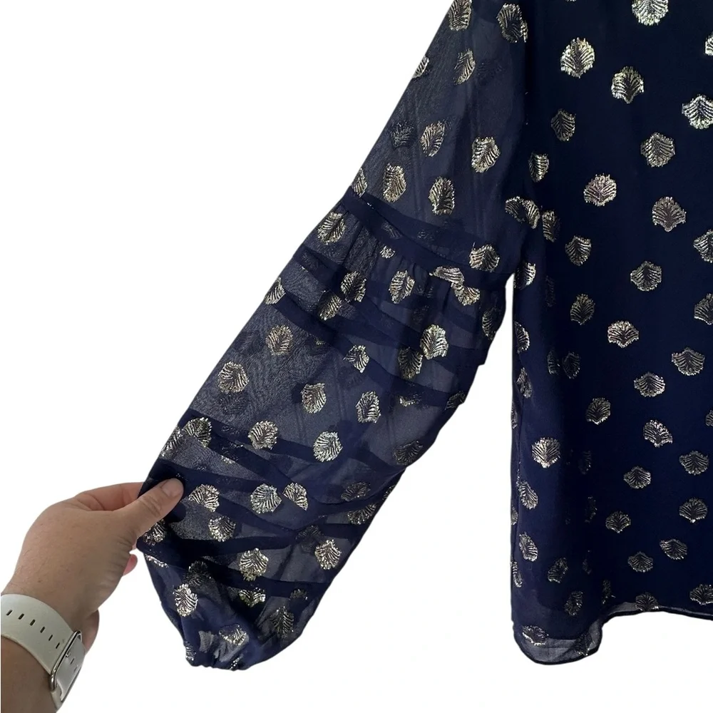 Lilly Pulitzer Giana Silk Top Navy and Gold V Neck Balloon Puff Long Sleeve SZ S
